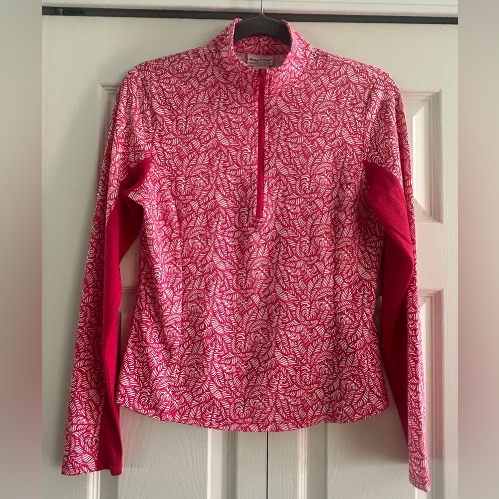 Tommy Bahama Pullover Womens Size S Red Floral 1/4 Zip Mock Neck Stretch Top